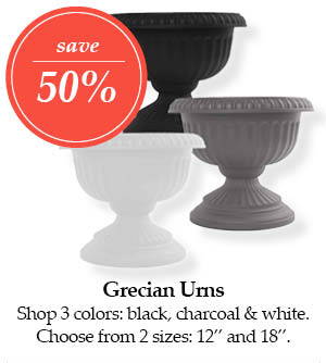 Grecian Urns – Save 50%! Shop 3 colors: black, charcoal and white. Choose from 2 sizes: 12-inch and 18-inch.
