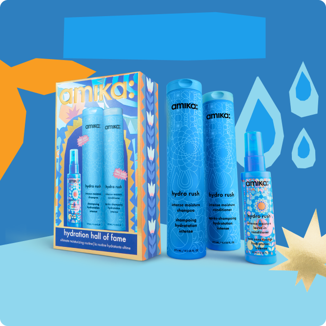 Amika hydration hair care products in colorful packaging against a blue background.