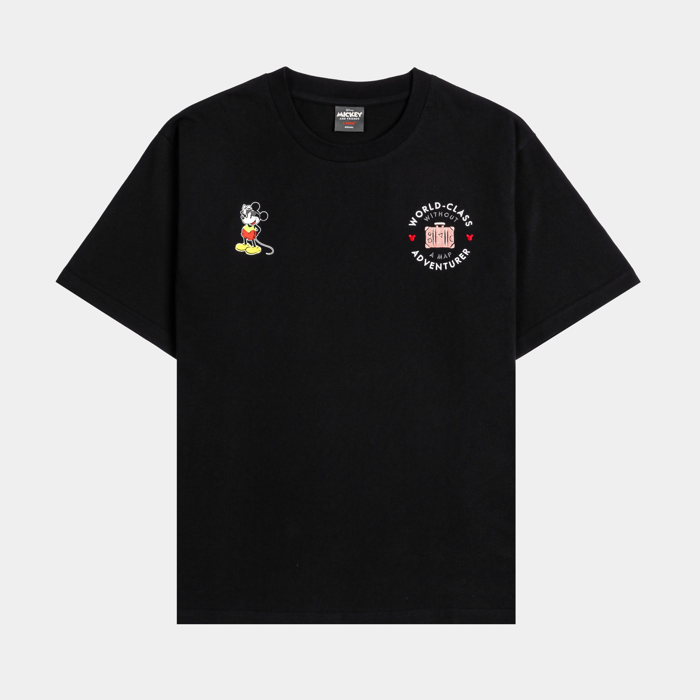 Black t-shirt with graphic prints on the front.