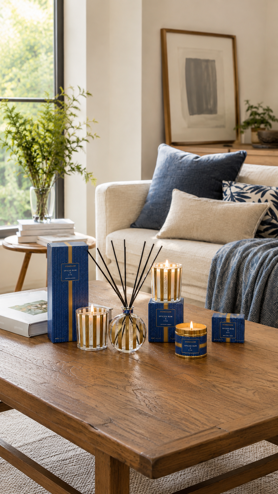 Cozy living room with candles, diffuser, plants, and decorative pillows on a sofa.