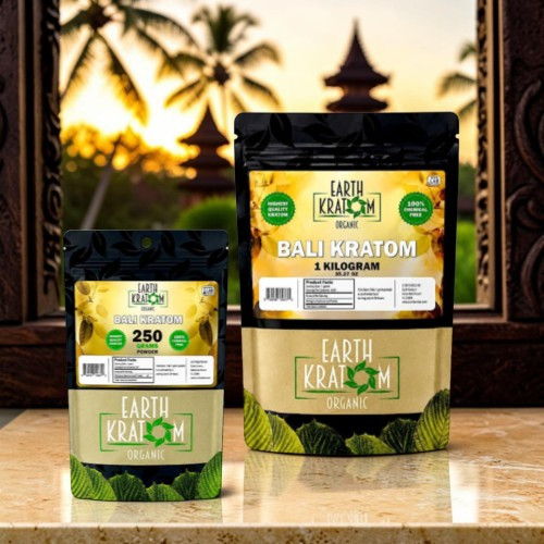 Bags of Earth Kratom products displayed against a tropical background.