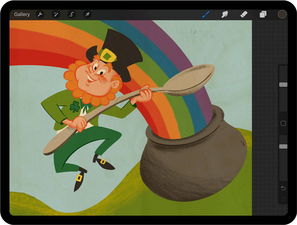 Drawing of leprechaun with textured shading in Procreate on iPad