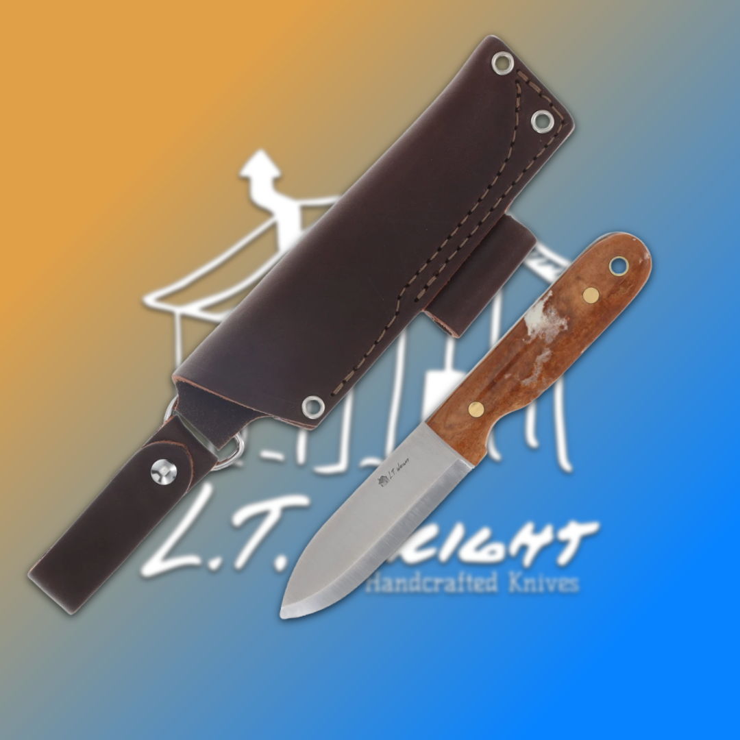 Knife with wooden handle and leather sheath on a gradient background.