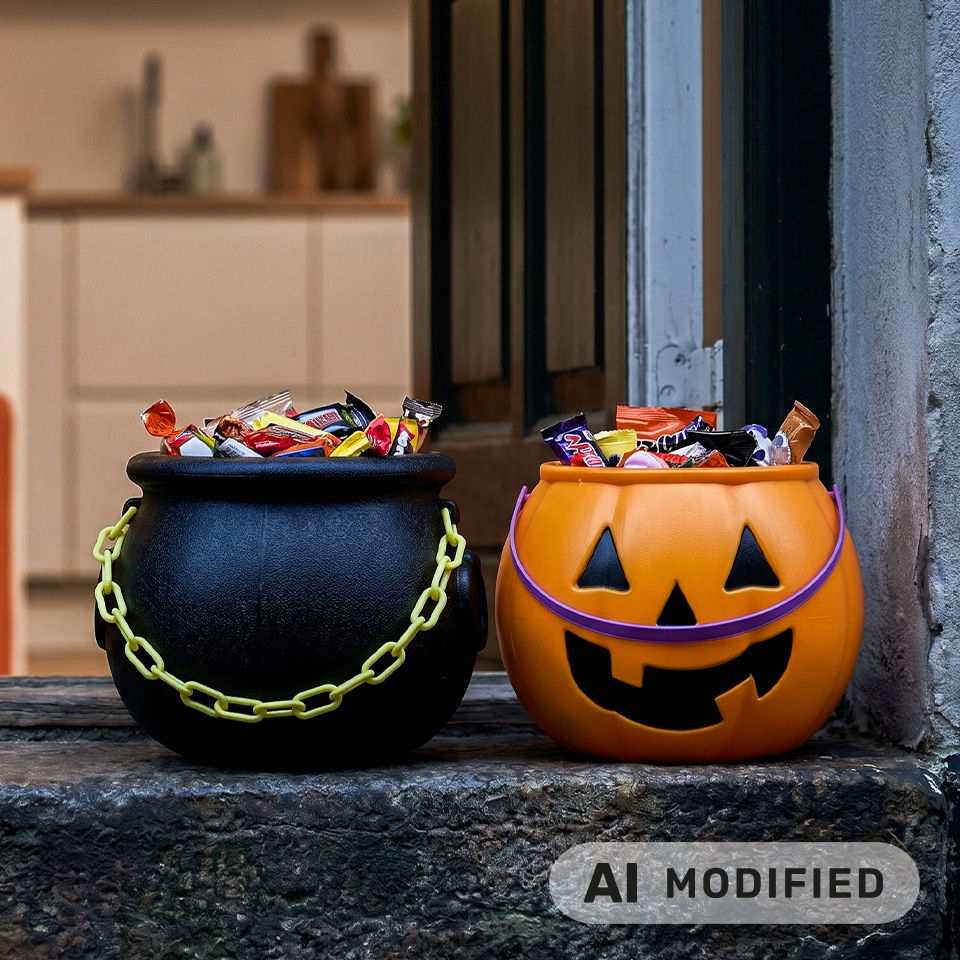 Deux pots de bonbons d’Halloween, l’un noir et l’autre orange, remplis de bonbons.