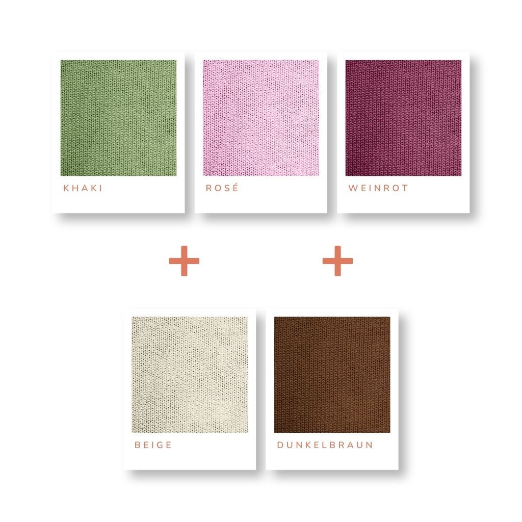 Farben kombinieren_Khaki, Rose und Weinrot mit Beige und Dunkelbraun.