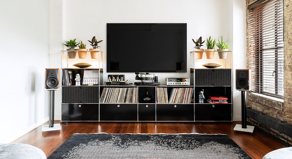 Modern living room with a TV, plants, and comfortable seating.