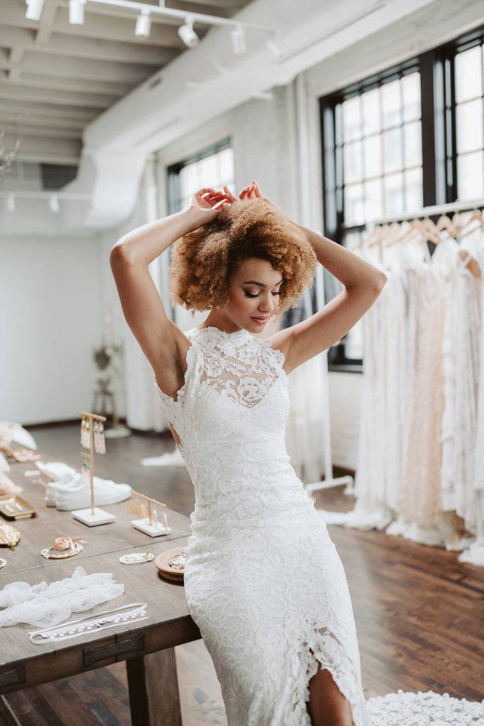 Bride wearing the Grace Loves Lace Alexandra wedding dress in Ivory