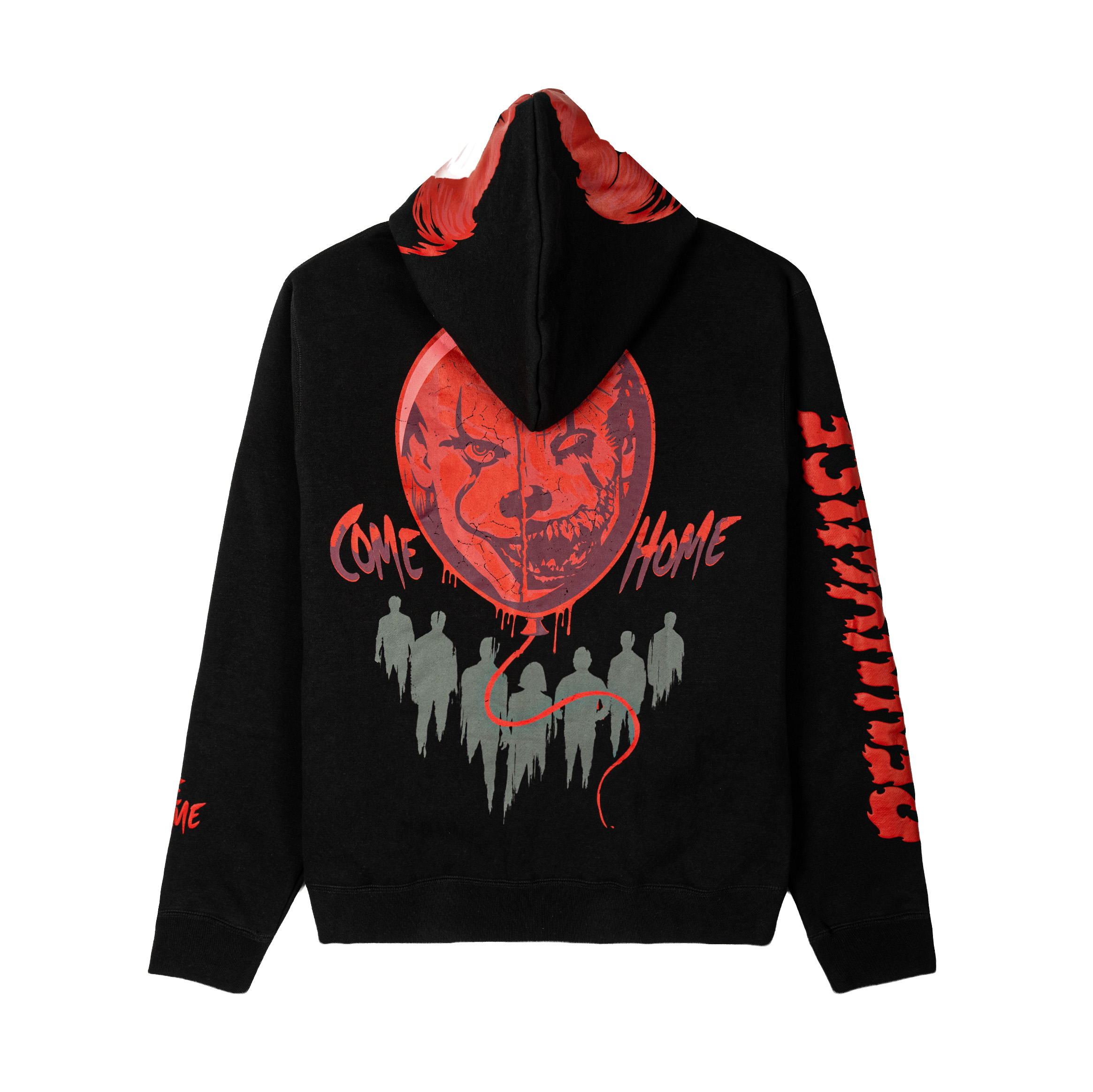 Black hoodie featuring a clown face and red balloon design.