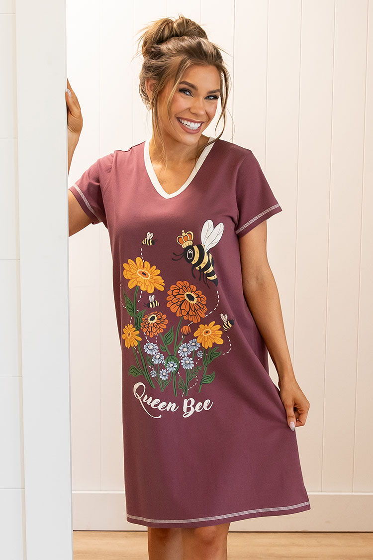 Woman in a floral nightgown with 