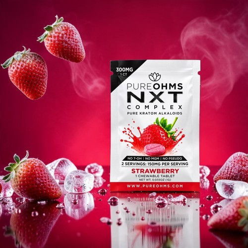 Strawberry-flavored supplement packet with strawberries and a pink background.