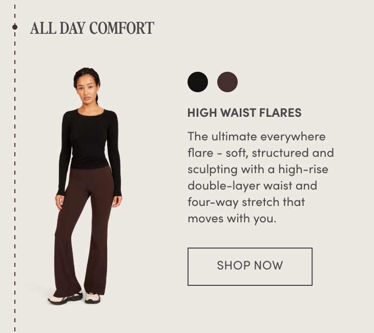 Woman wearing high waist flares with description and shopping option.
