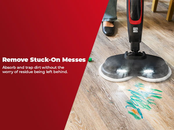 A steam mop cleans marker off a hardwood floor. Text about removing stuck-on messes.