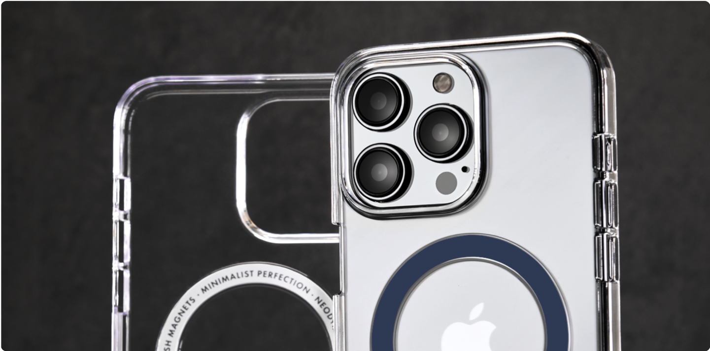 Close-up photo of Lucid Clear cases for the iPhone 15 Pro, on White and Celestial Blue ring presentations.