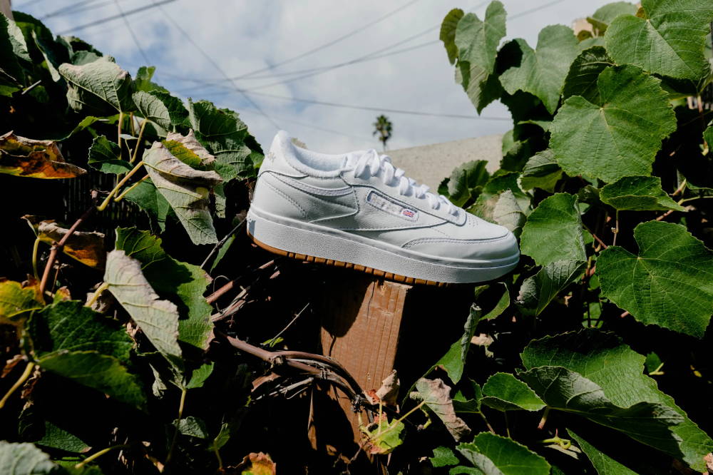 reebok sneakers on wood surrounded by plants