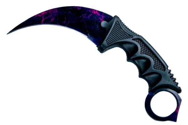 A curved knife with a black handle and cosmic-patterned blade.