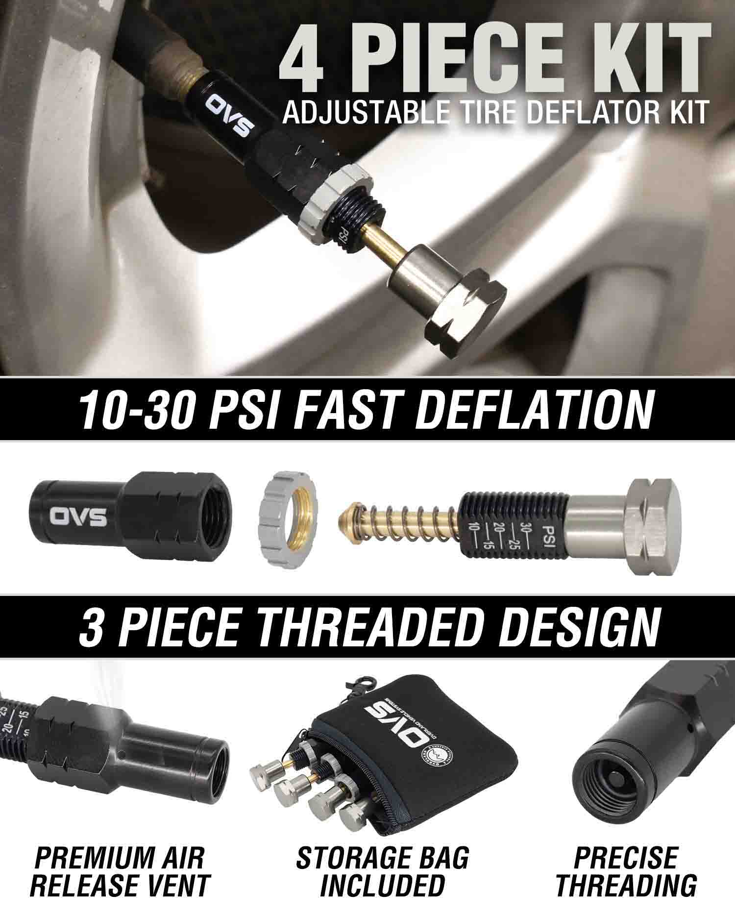 Adjustable tire deflator kit with features and specifications listed.