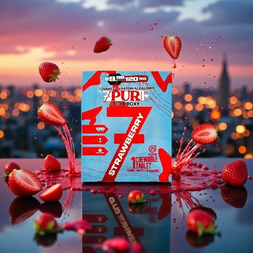 Product box with strawberries splashing against a sunset city backdrop.