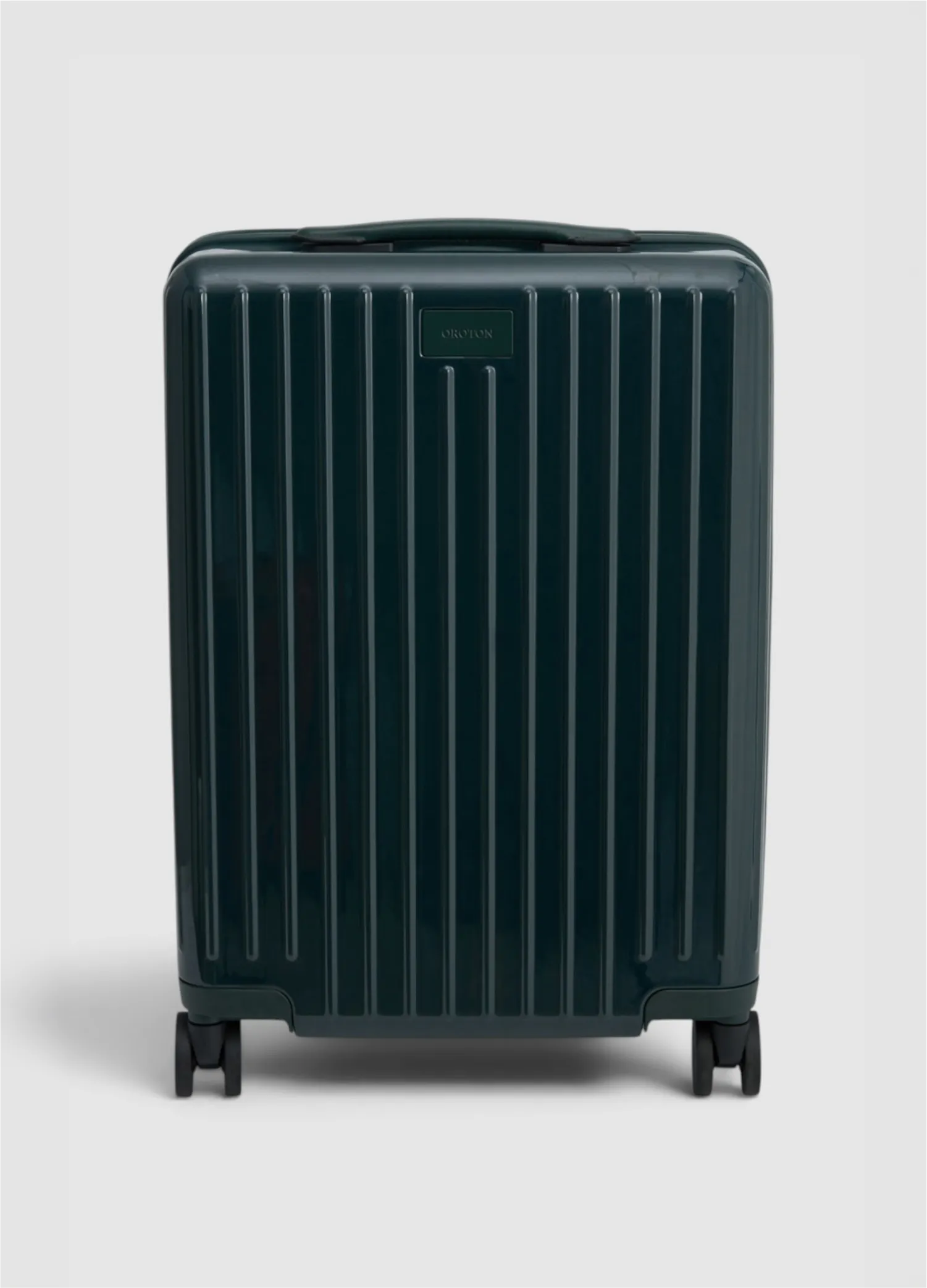 Green hard-shell suitcase with vertical stripes and wheels.