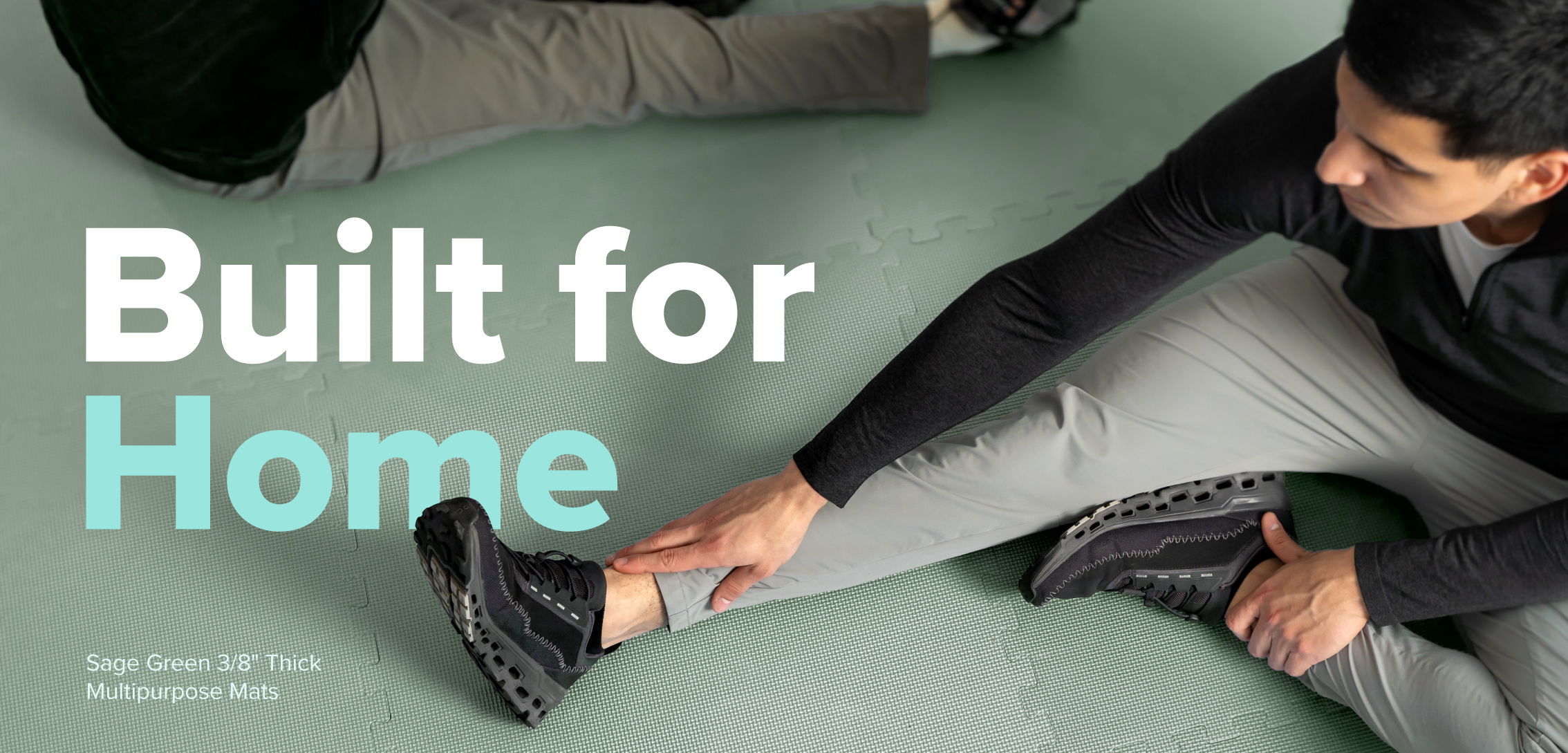 Person stretching on a green floor, text overlay: 