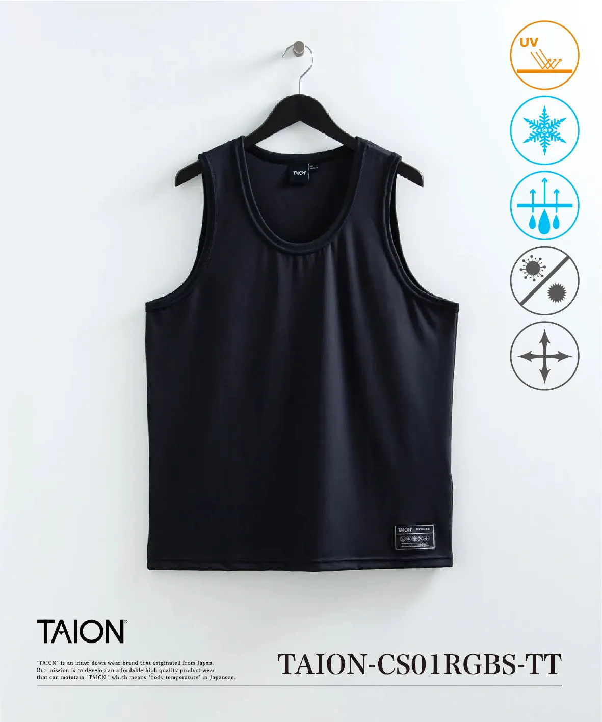 Black tank top hanging on a hook with brand label.