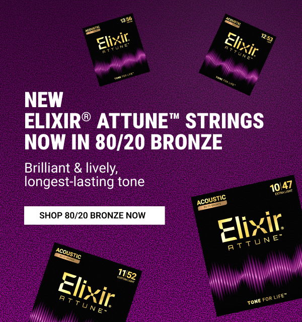 Elixir Attune strings in 80/20 bronze, vibrant tone, shop now.
