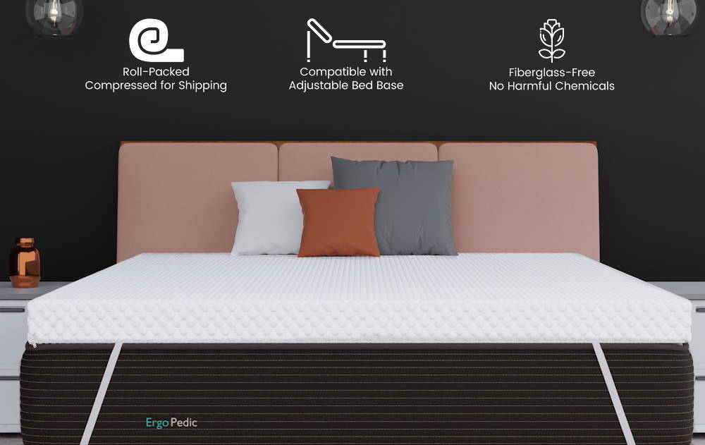 Hybrid Mattresses and mattress toppers by Ergo-Pedic are roll-packed and compressed for shipping, fiberglass-free with no harmful chemicals, and are compatible with adjustable bases.