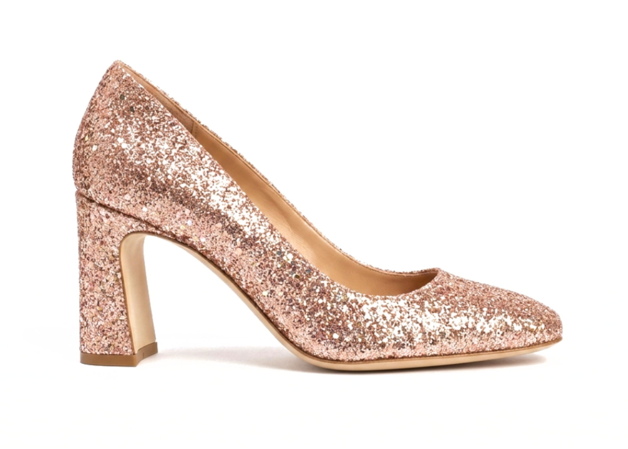 Sparkly rose gold high heel shoe with a chunky heel.