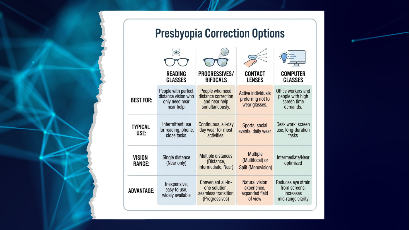 Treatment options for presbyopia including reading glasses, progressive and bifocal lenses, and contact lenses