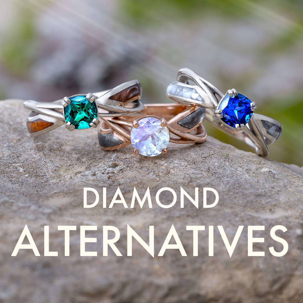 Unique Engagement Rings With Diamond Alternatives including Moonstone, Emerald and Sapphire