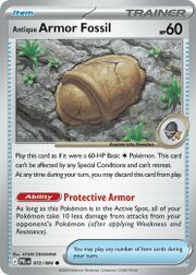 Antique Armor Fossil Pokémon card with protective abilities and game instructions.
