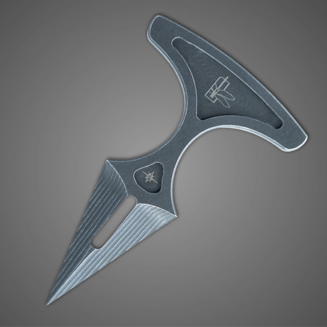 A sleek, modern throwing star with a unique design and sharp points.