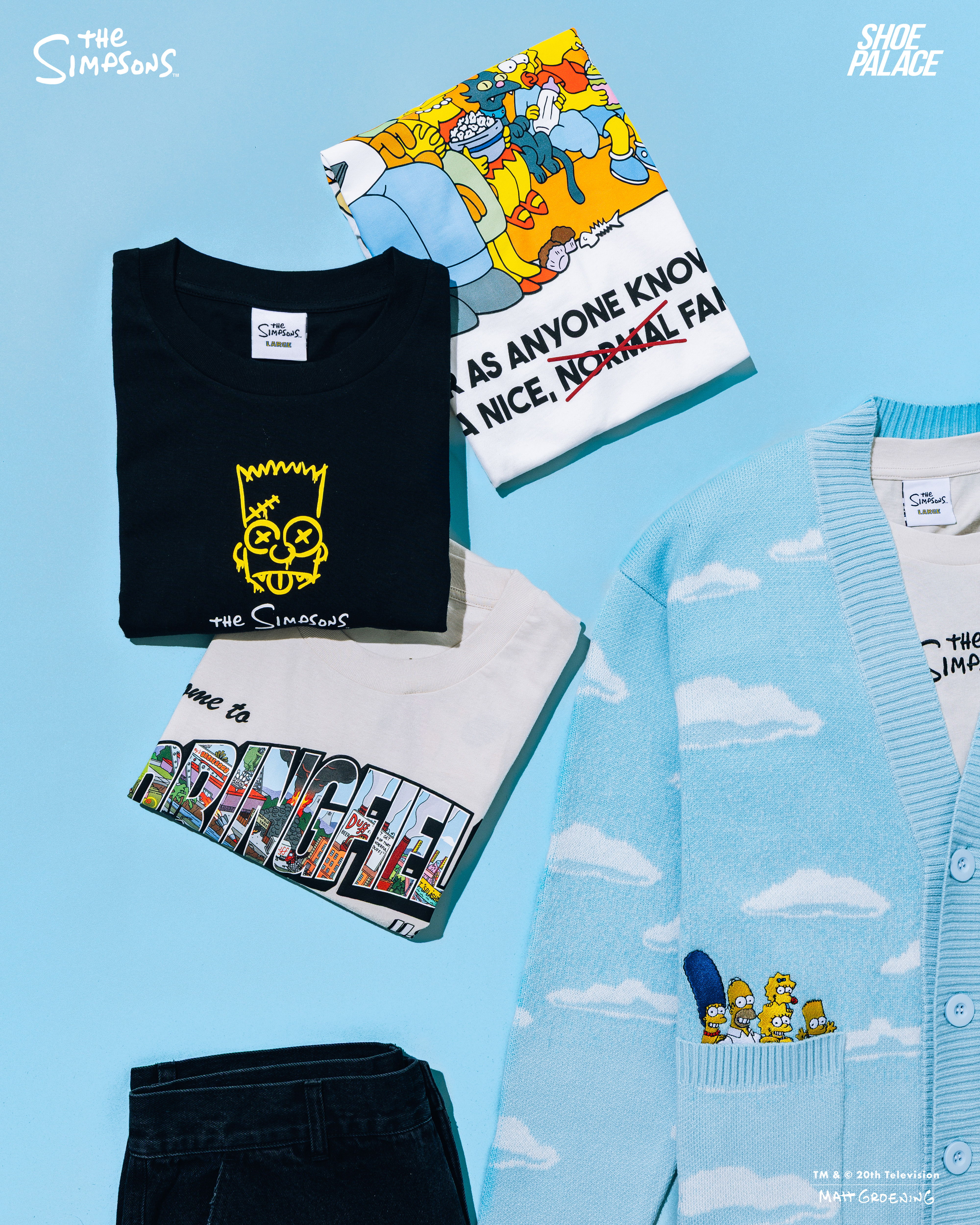 Assorted clothing featuring The Simpsons characters on a blue background.