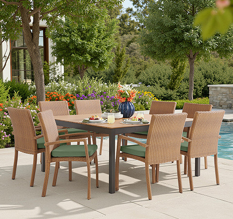 Outdoor dining set with eight chairs, surrounded by greenery and flowers.