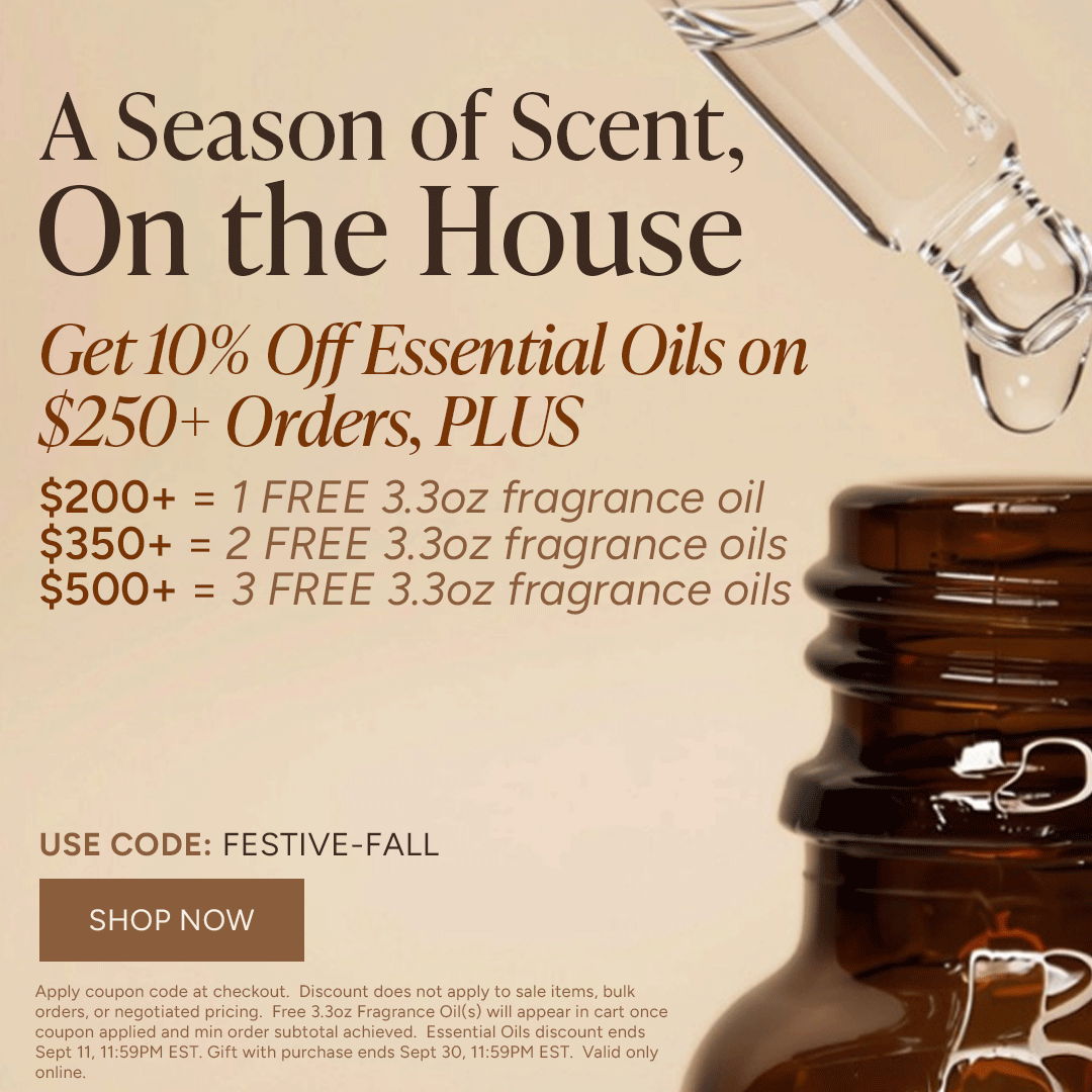 Promotional image for essential oils with discount details and offer codes.