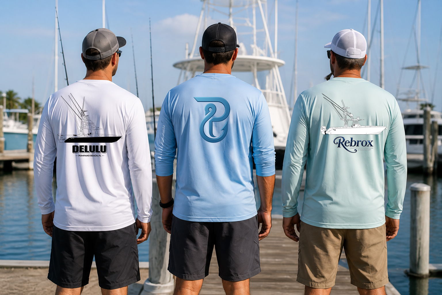 Custom fishing shirts with boat line drawings and Rebrox branding, worn by three men on a marina dock in a South Florida boating setting.