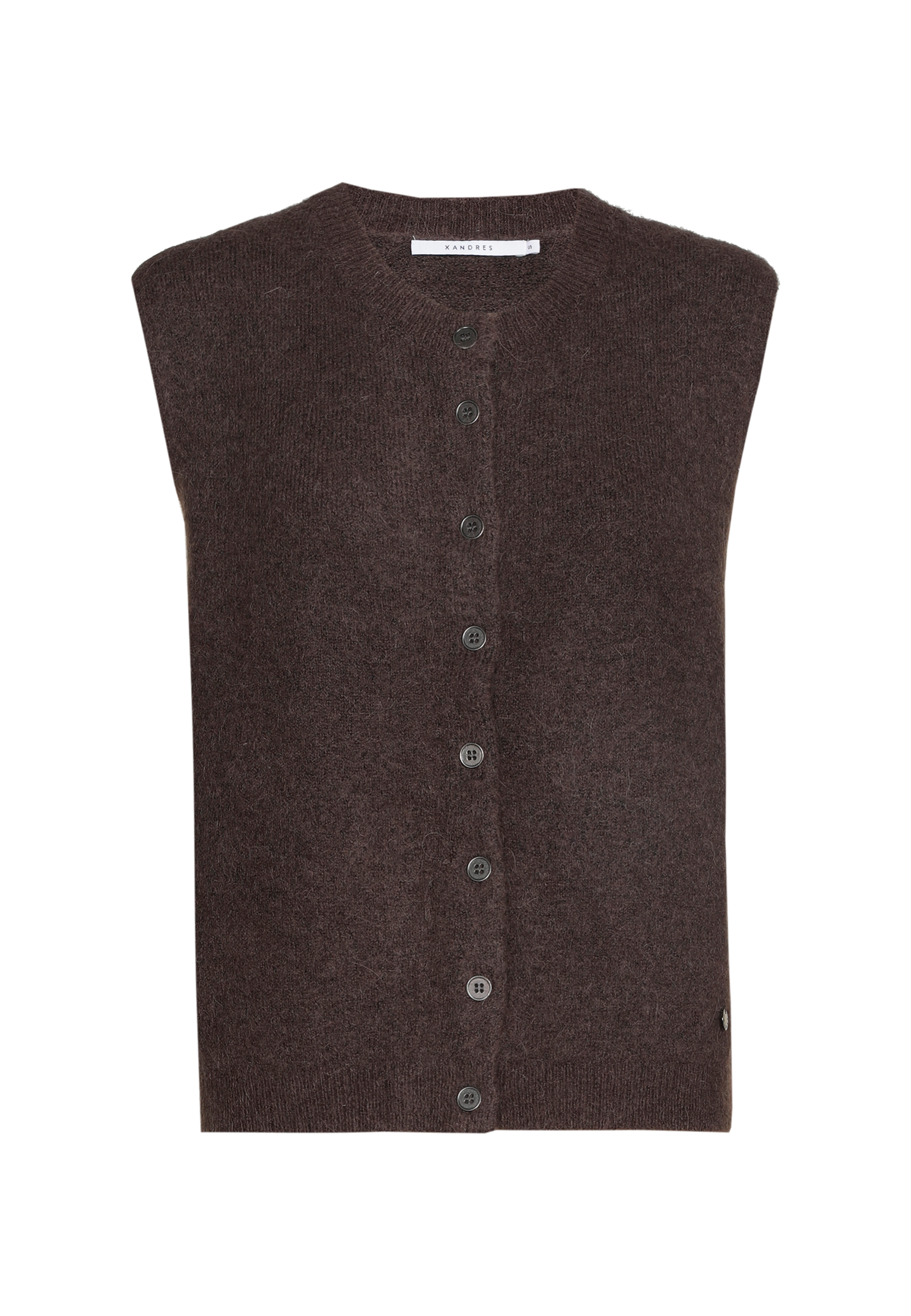 Brown sleeveless cardigan with buttons and a round neckline.