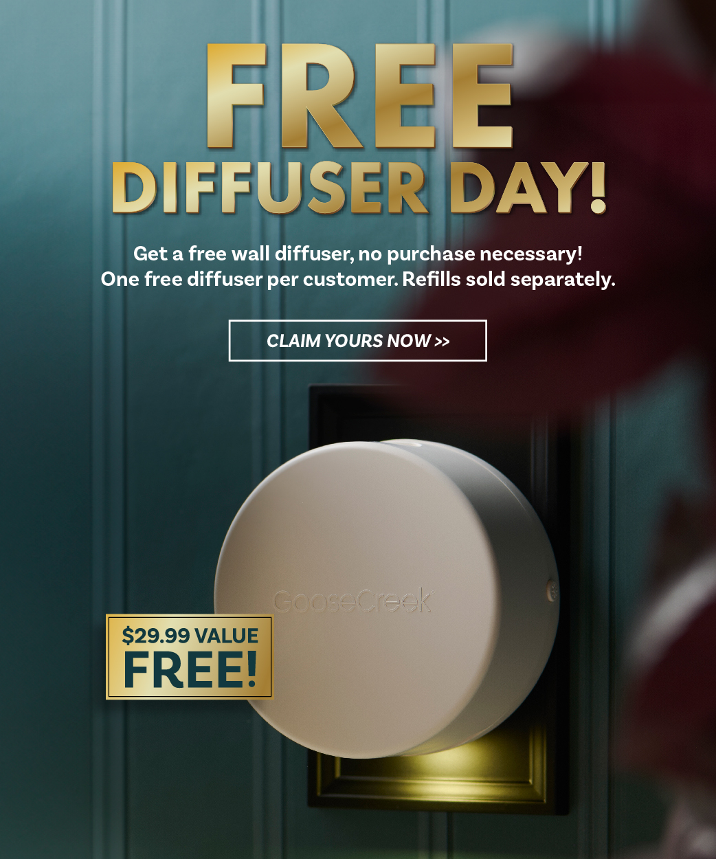 Free Diffuser Day promotion with a wall diffuser and offer details.