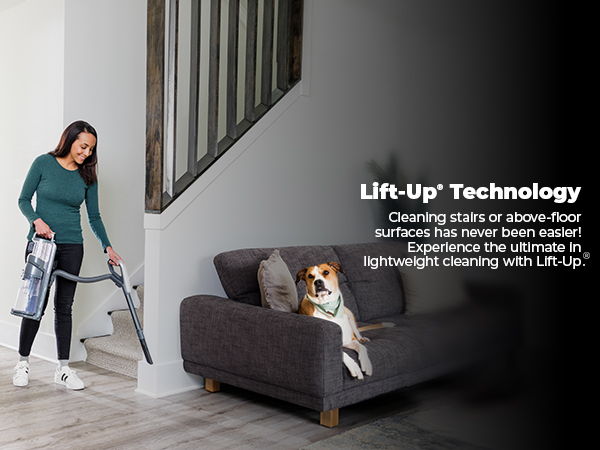A woman vacuuming near a couch with a dog on it.
