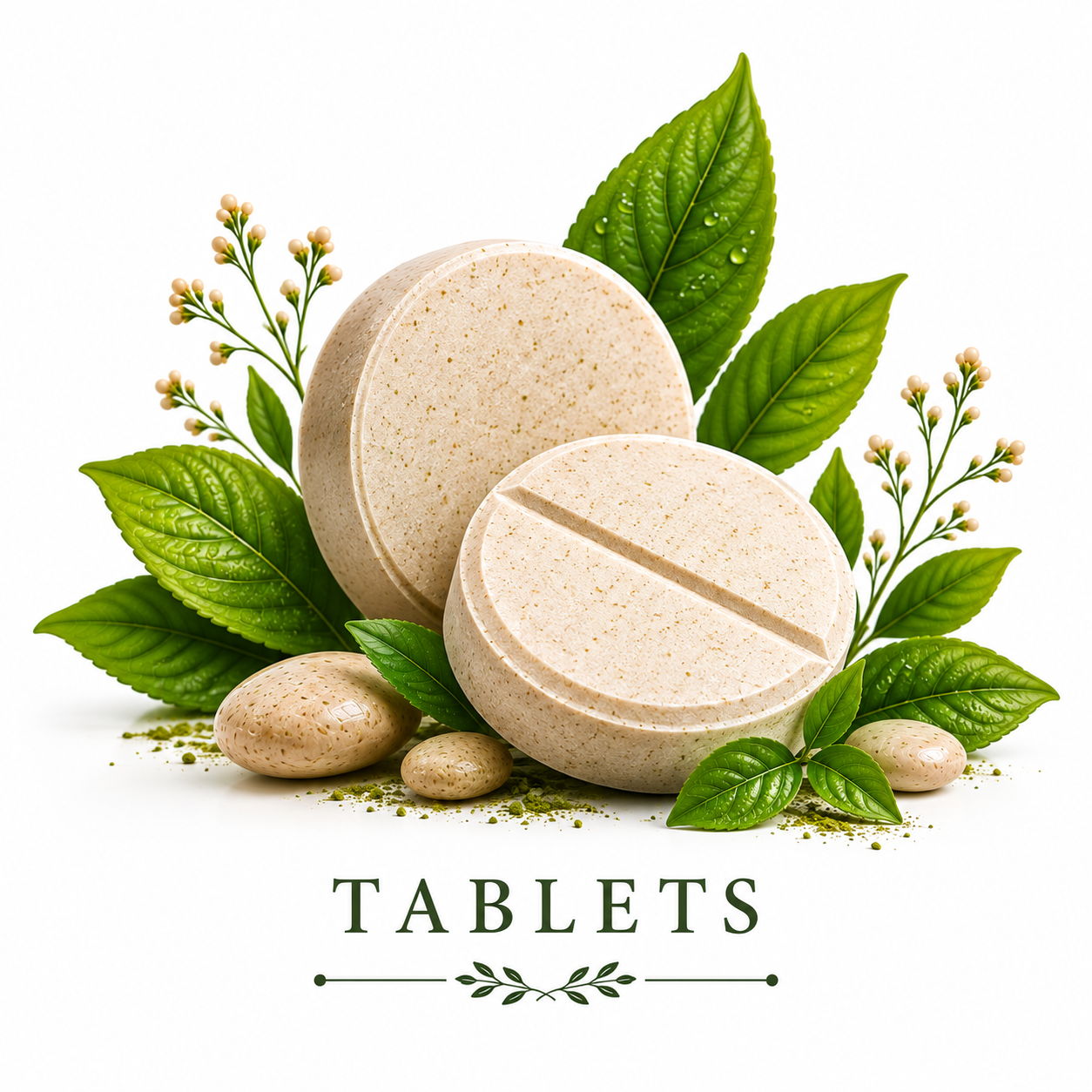 Two tablets surrounded by green leaves and small flowers, labeled 