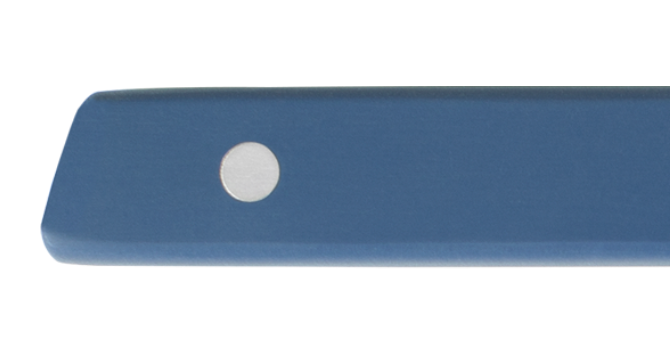 A close view of a Blue Misen Steak Knife’s handle and butt, showing its durable riveted construction.