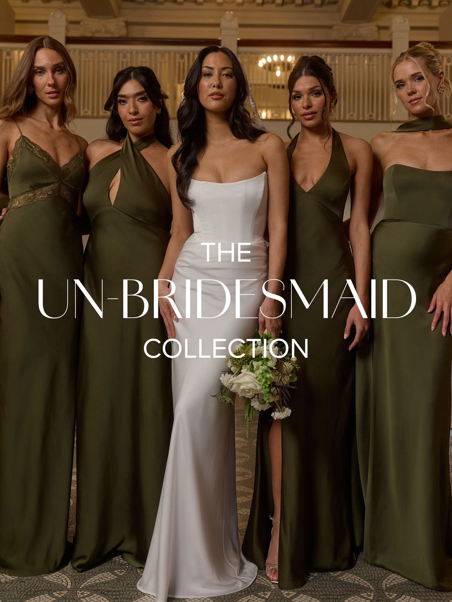 Five women in elegant dresses showcasing 