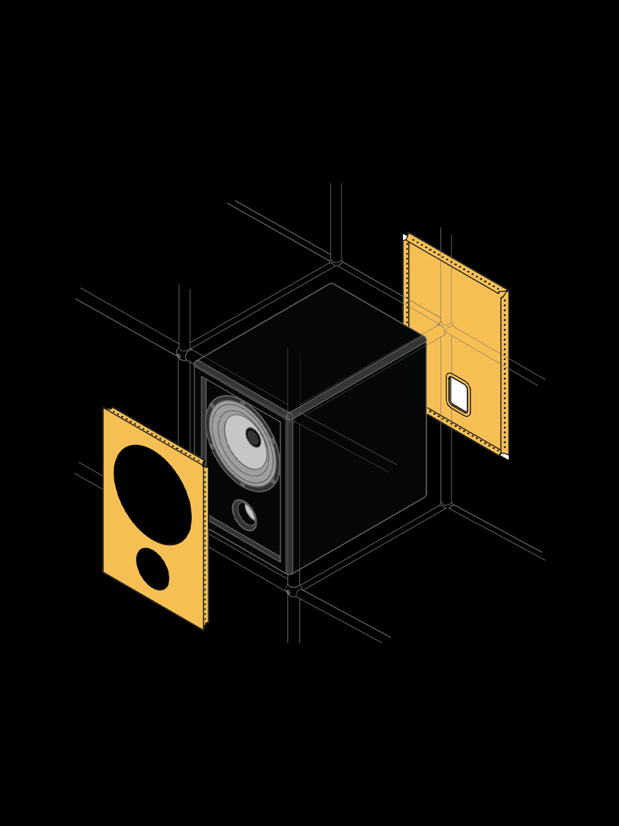 3D USM illustration of a speaker with interchangeable panels.
