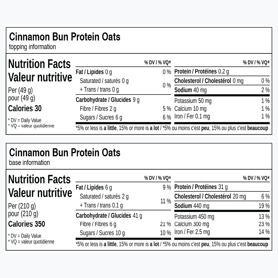 Nutrition facts for Cinnamon Bun Protein Oats, including topping information.