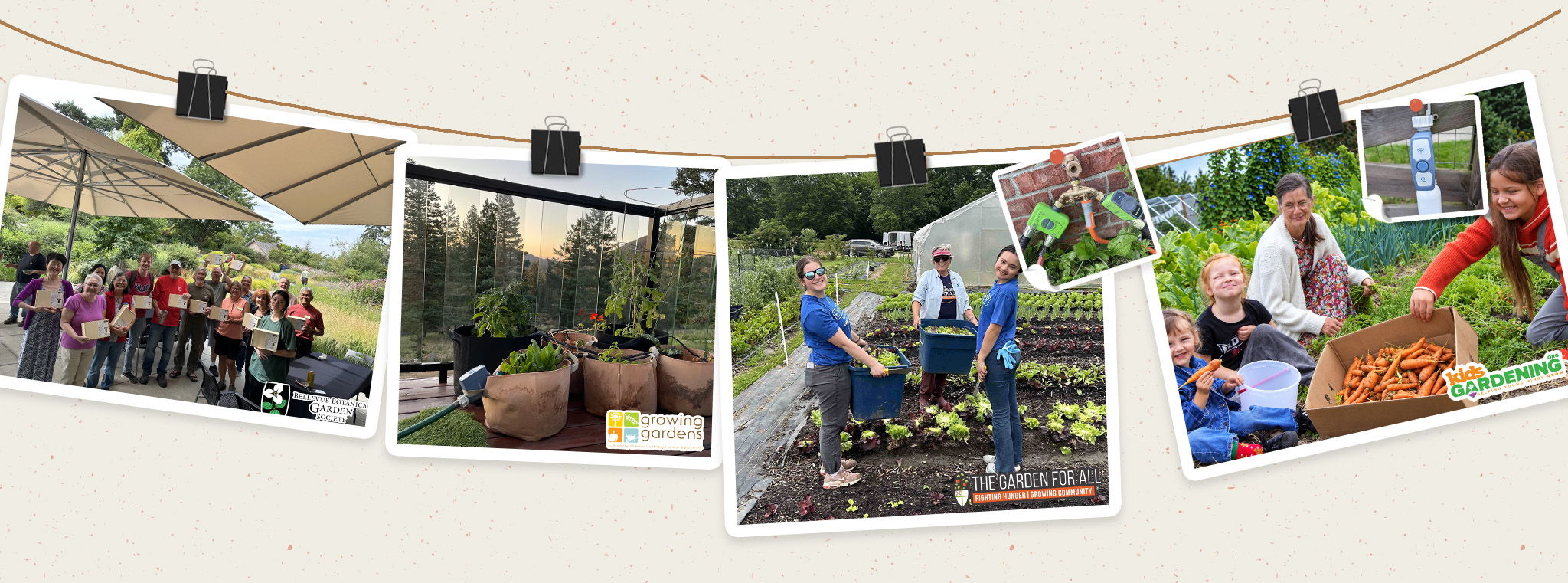 Photos of people engaged in gardening activities and community events.