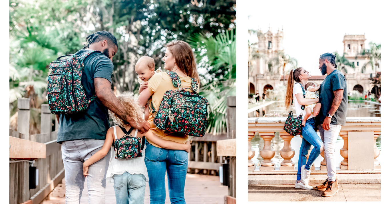 Family exploring while wearing Disney diaper bag and backpacks