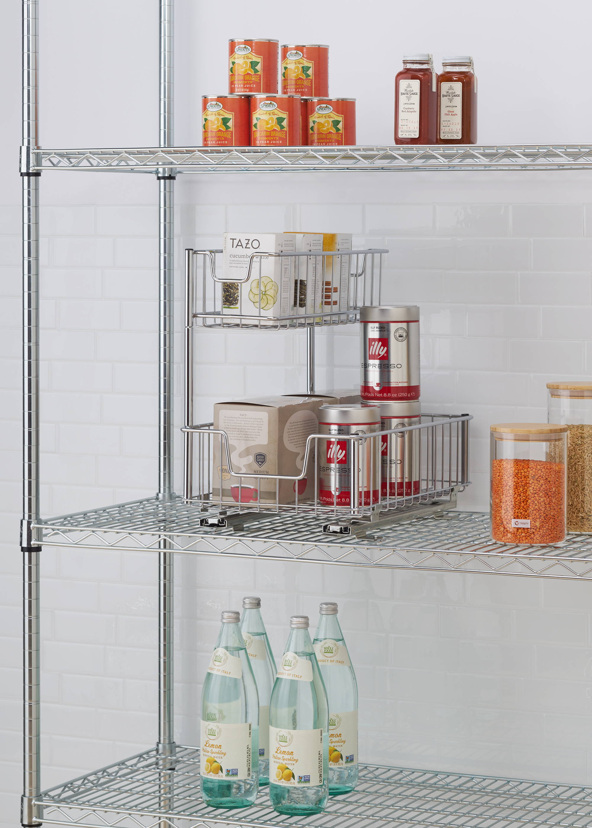 cabinet organizer installed on a 18 inches deep wire shelving rack