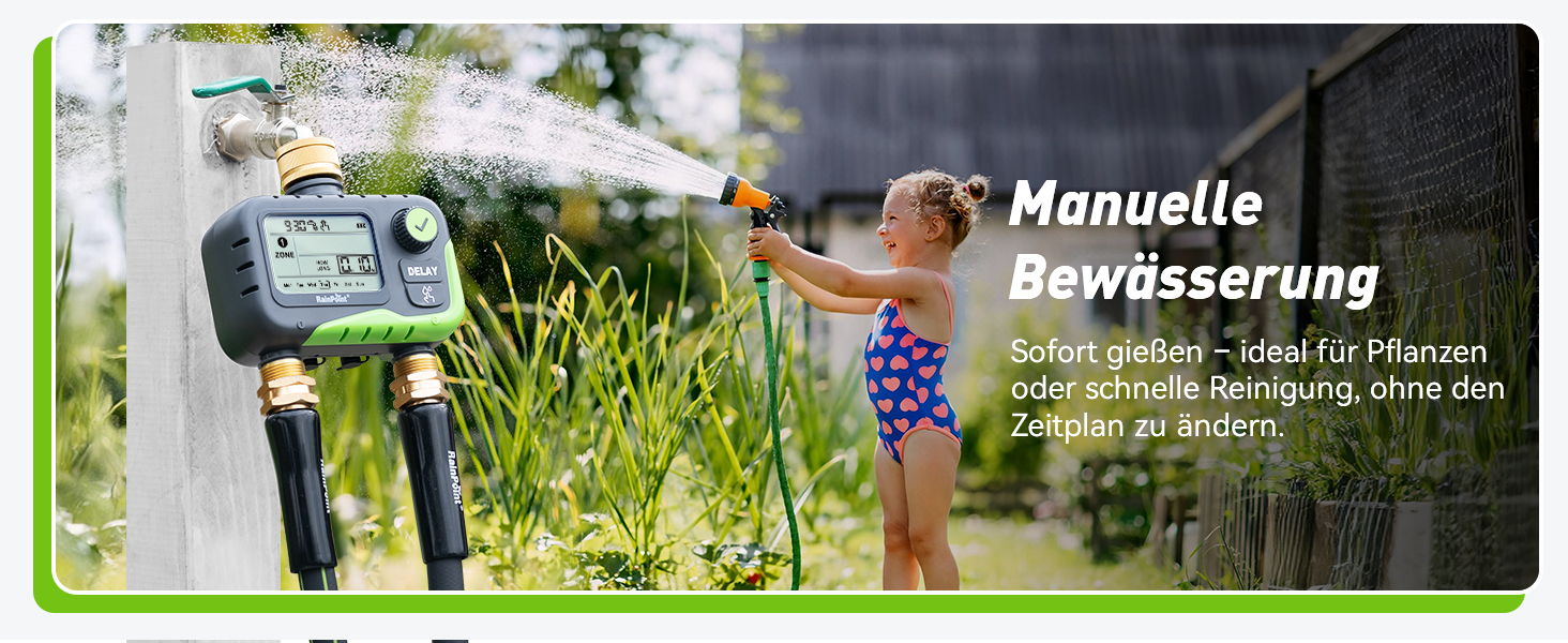 Child watering plants with a hose, surrounded by greenery.