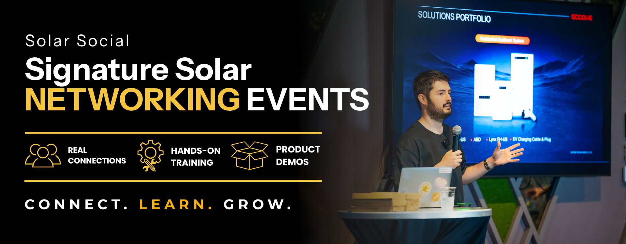 Signature Solar presents Solar Social networking events where installers can connect and grow. Showing presenter and screen.