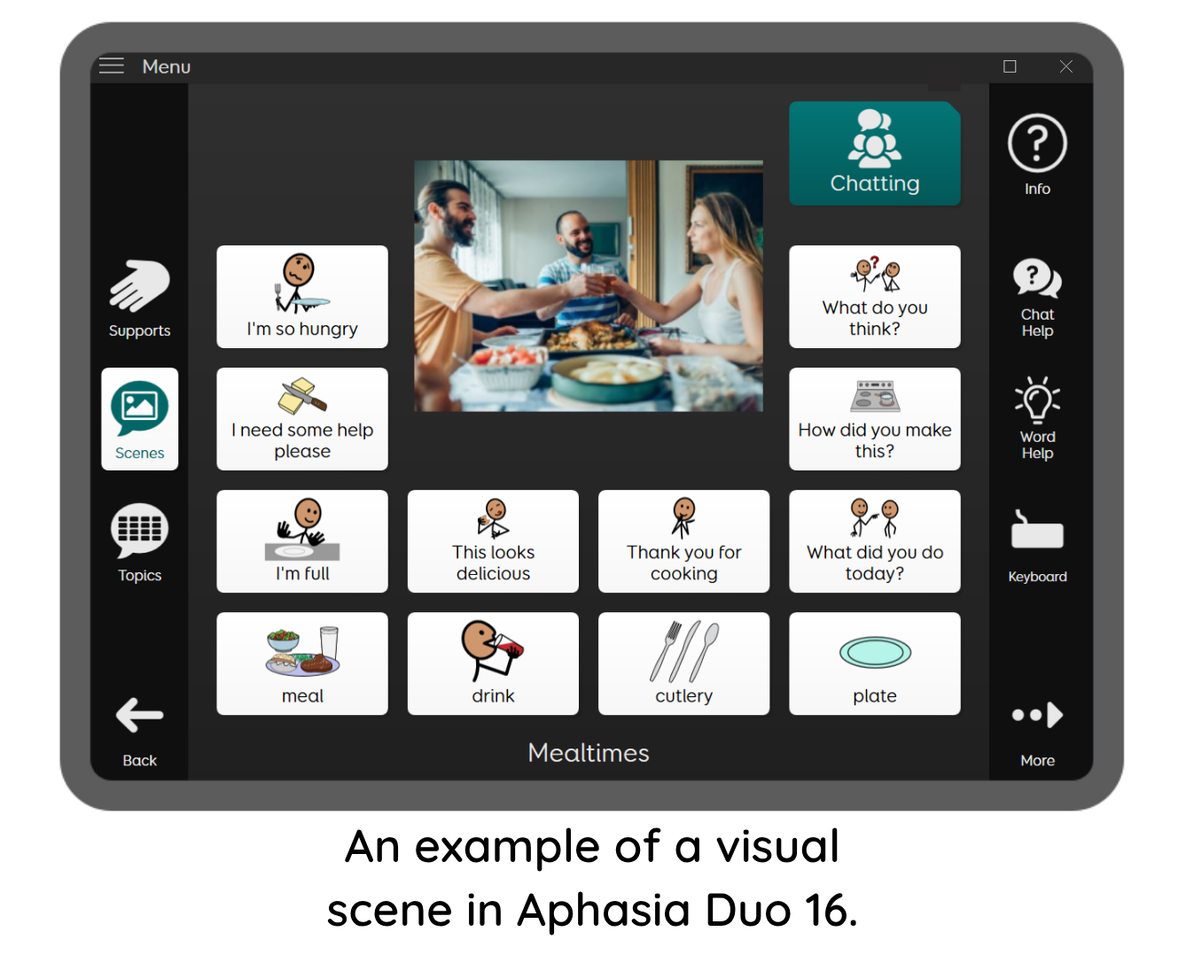 Communication device displaying meal-related phrases and images.