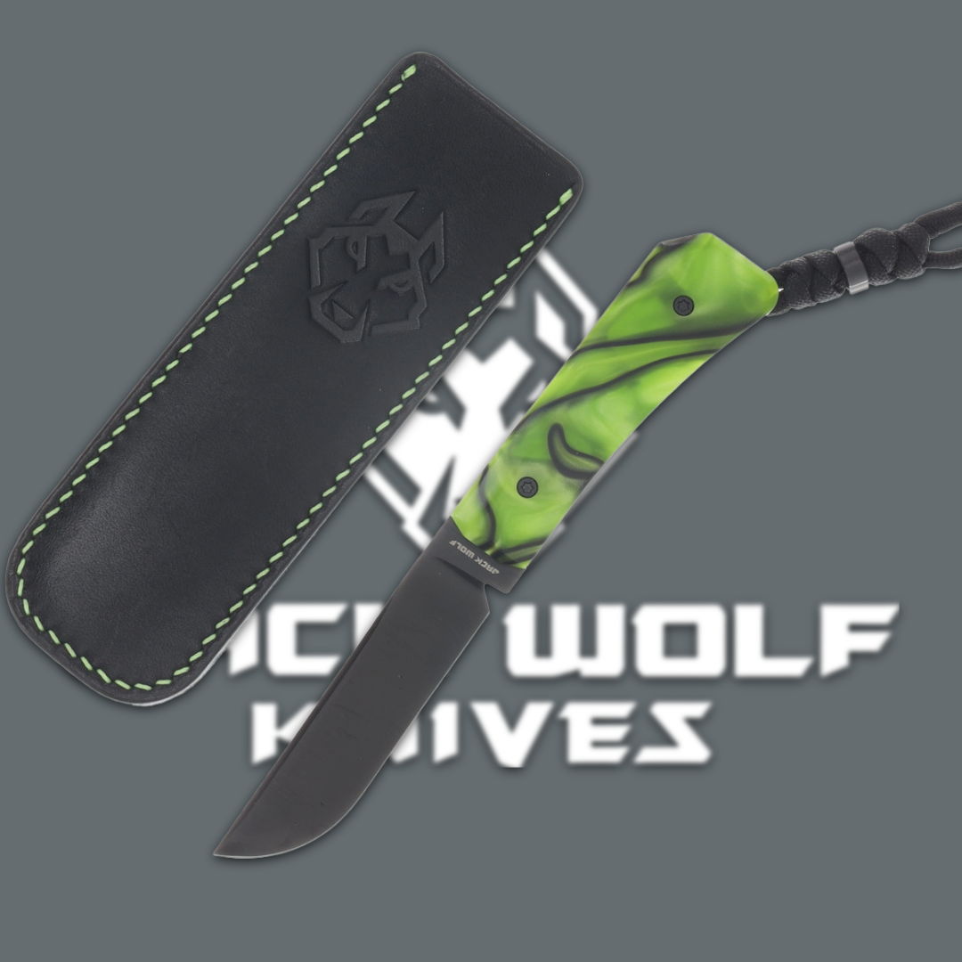 A green-handled knife with a black sheath and logo.